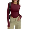 thumbnail image 3 of CCRFTGI Long Sleeve Tops for Women Trendy Cute Crop Outfits Round Neck Going Out Layering Shirt Tight Fall Spring Clothes Wine XS, 3 of 6