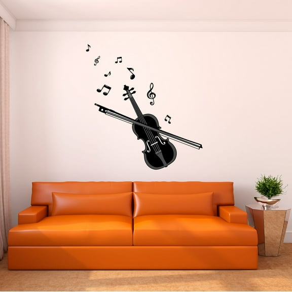 Music Wall Decal Violin Silhouette with Musical Notes Playroom Wall Decal for Children Instrument Cute Themed Room Décor - Size: 9 In x 10 In