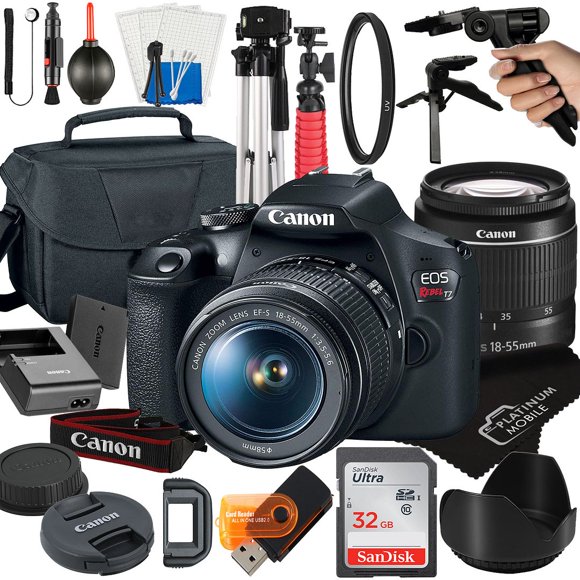 Canon EOS Rebel T7 DSLR Camera with 18-55mm Zoom Lens + Platinum Mobile Accessory Bundle Package Includes: 32GB Card, Tripod, Bag, Pistol Grip (21pc Bundle)