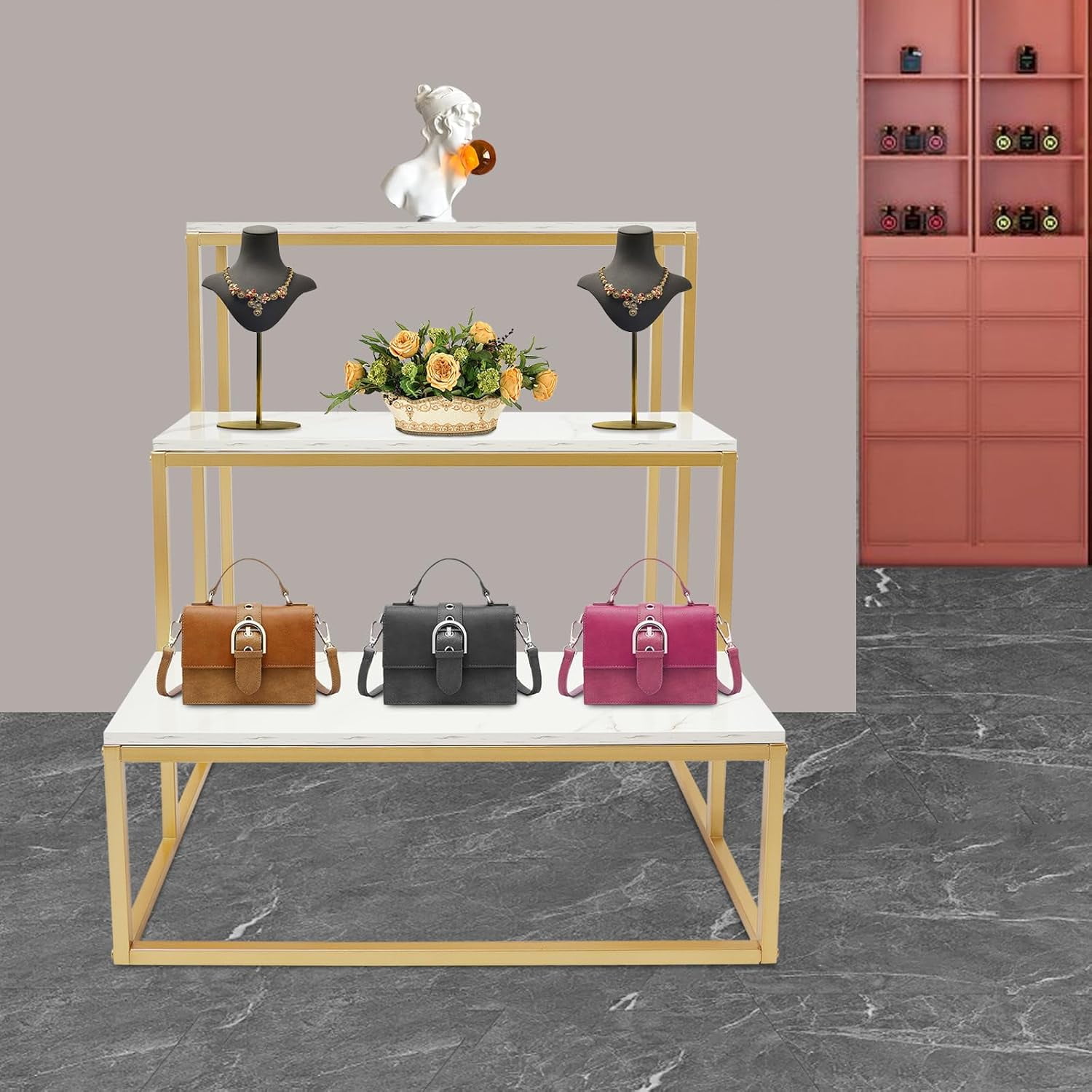 Metal Shoe Handbag Display Stand, 3 Tier Retail Nesting Display Tables, Heavy Duty Boutique Display Riser Shelf Modern Standing Clothing Shoes Display Rack for Retail Stores