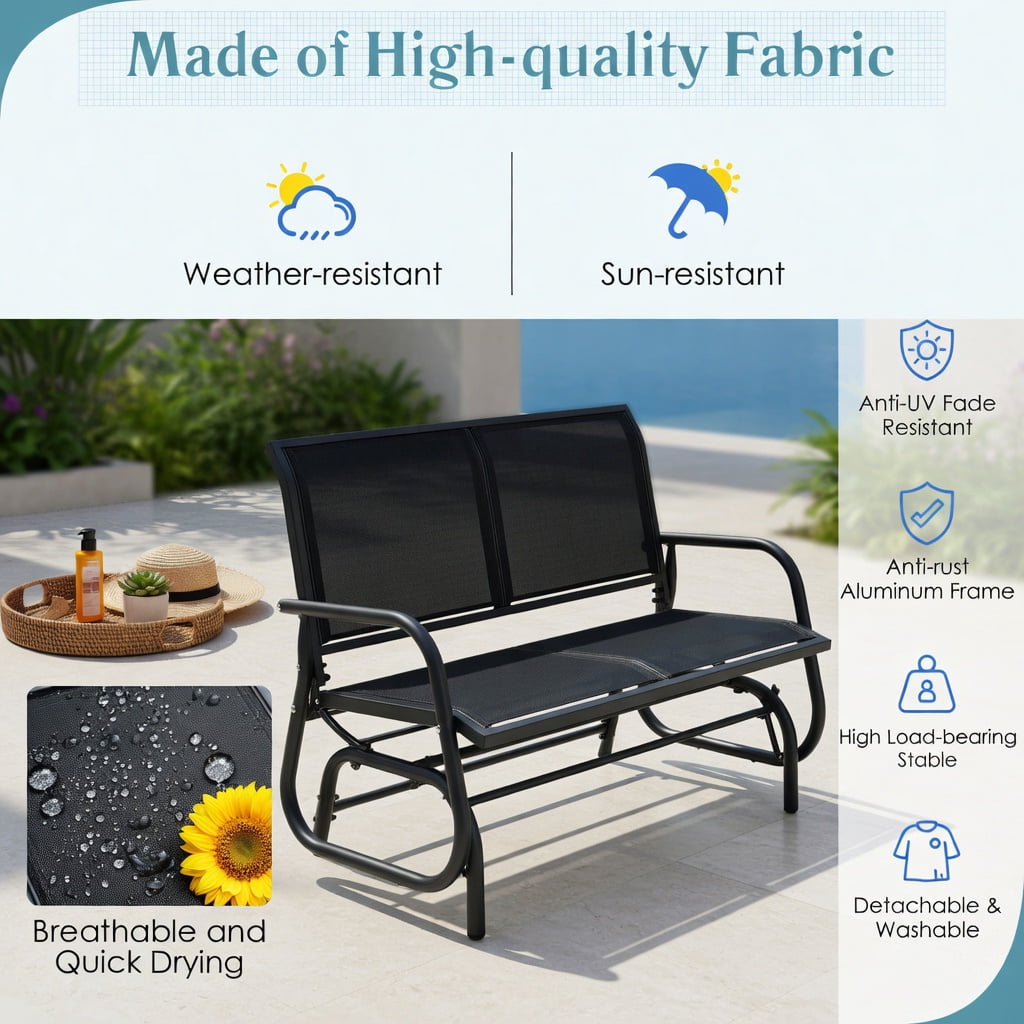 Hommoo 48" Outdoor Glider Loveseat Rocker Chair, Heavy Duty Steel Frame, Breathable Fabric Seat, Dual-Adult Capacity for Patio, Backyard & Porch, Black