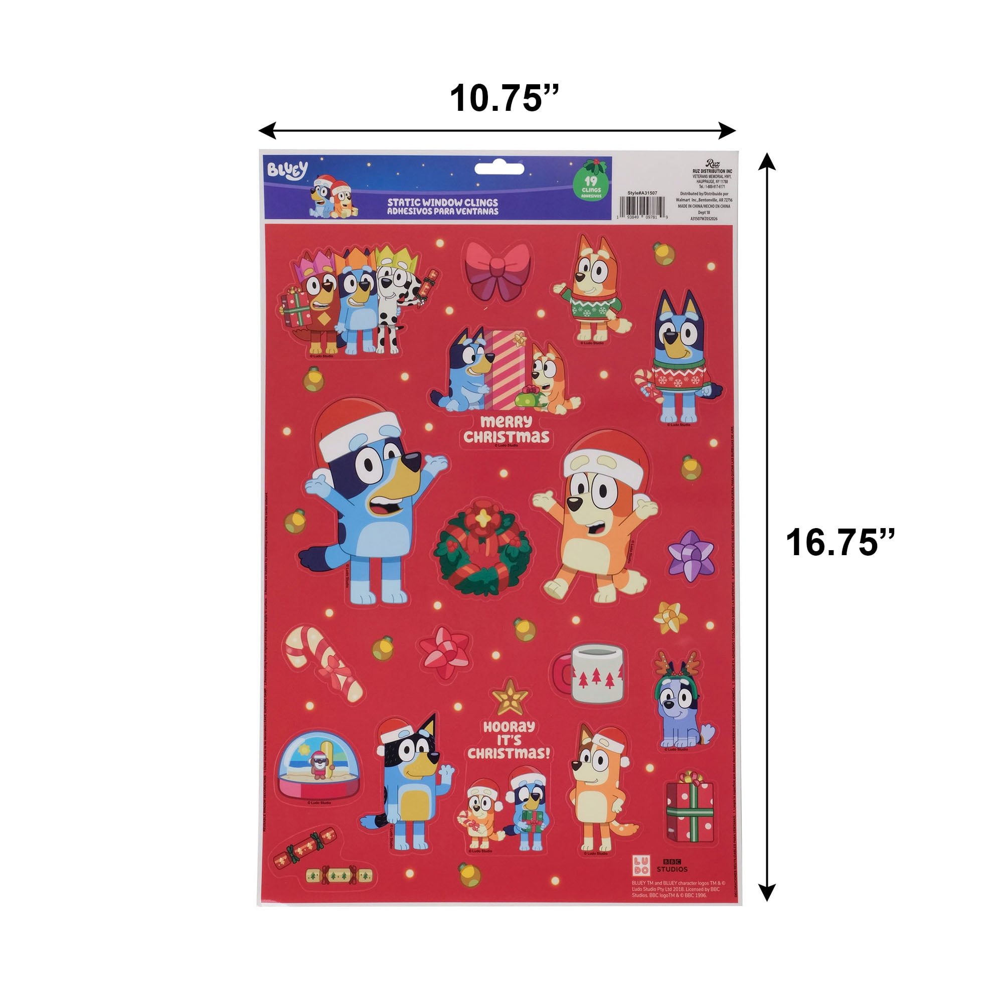Bluey Christmas Window Clings, 19‑Piece Holiday Static Window Decorations – Bluey, Bingo & Family Festive Designs