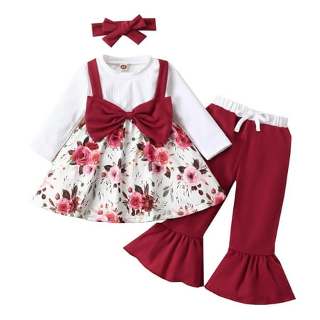 

YYDGH Toddler Baby Girls Floral Outfits Set Long Sleeve Tops + Bell Bottom Pants+ Headband Autumn Clothes(Wine 9-12 Months)