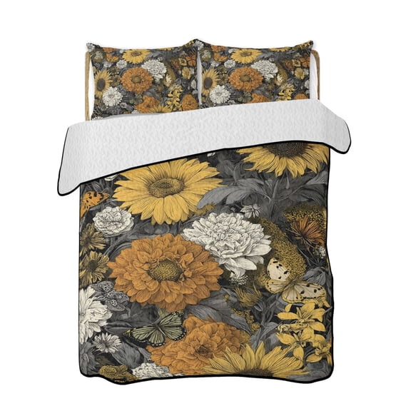 Full Size Quilt Bedding Set, Yellow Sunflowers Reversible Summer Quilt 3 Pieces, Vintage Black Farmhouse Floral Lightweight Bedspreads Coverlets with 2 Pillow Shams for All Seasons