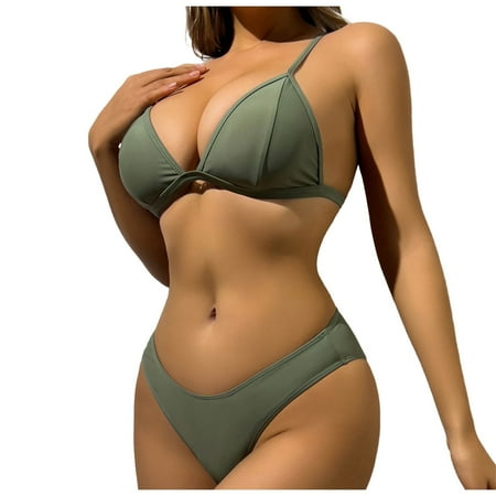 QYZEU Women Swimsuits Bikini 2 Piece Swimsuits New Women s Split Swimsuit Bikini Solid Color Swimsuit Low Rise Bathing Suit Bottoms for Women Green L