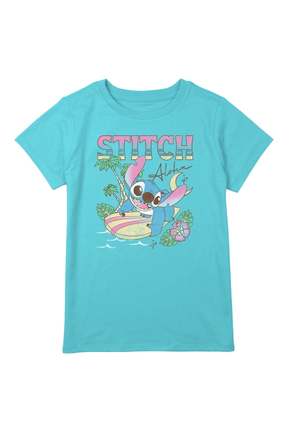 Girl's Lilo & Stitch Surfing Stitch Graphic Tee Blue XX Large Plus