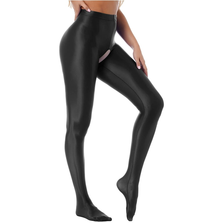 YEAHDOR Womens Glossy Crotchless Leggings Shiny Open Crotch Tights