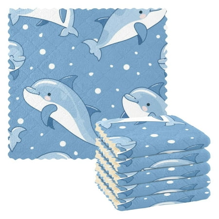 

6 Pieces of Kitchen Towels 11x11Inch Kitchen Dish Cloths Kitchen Dish Towels Reuseable Cleaning Cloths Cartoon Blue Cute Dolphin