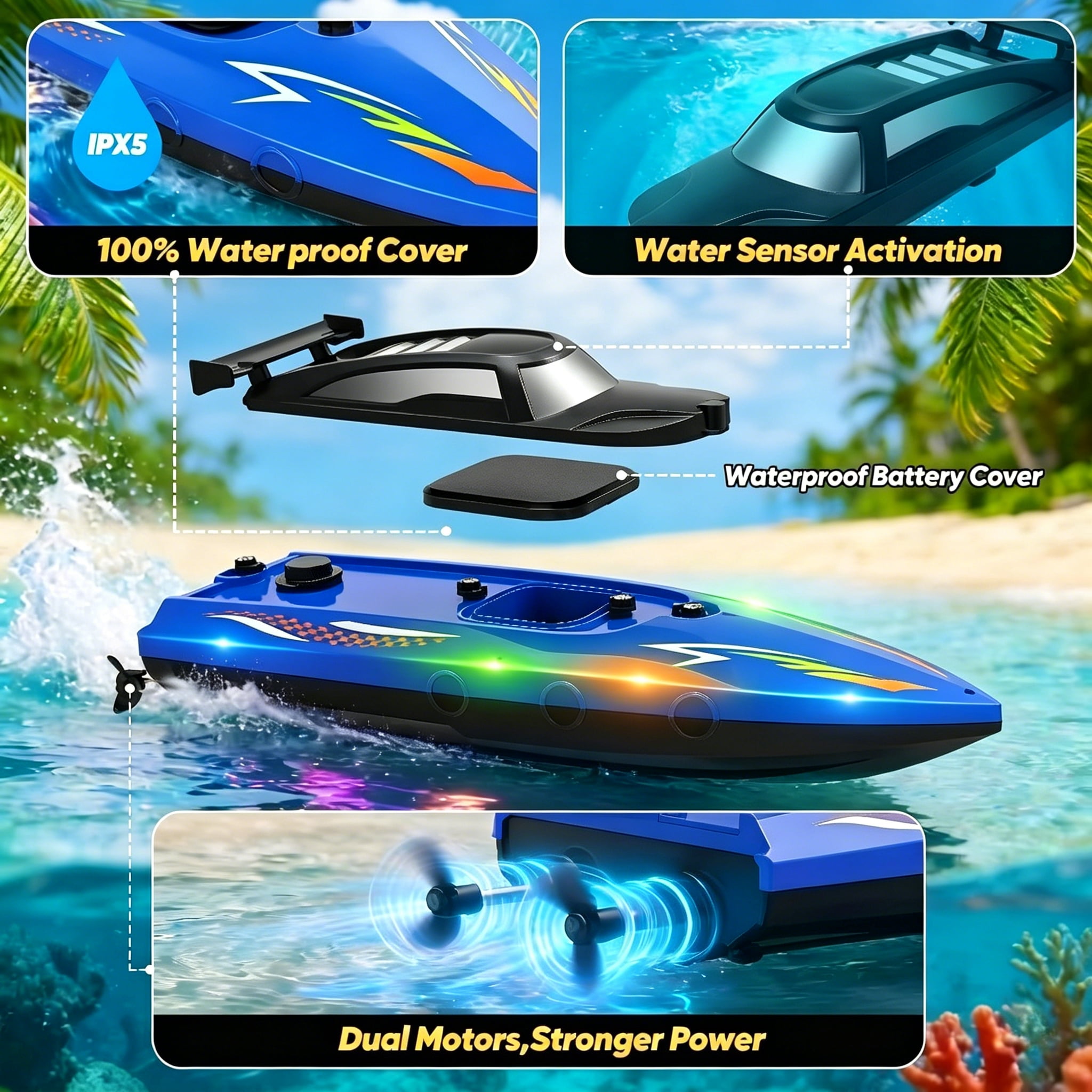 Tigozz 2-Pack RC Boats for Kids and Adults, High Speed Remote Control Watercraft with LED Lights for Pools and Lakes, 2.4GHz Waterproof Speedboat Set