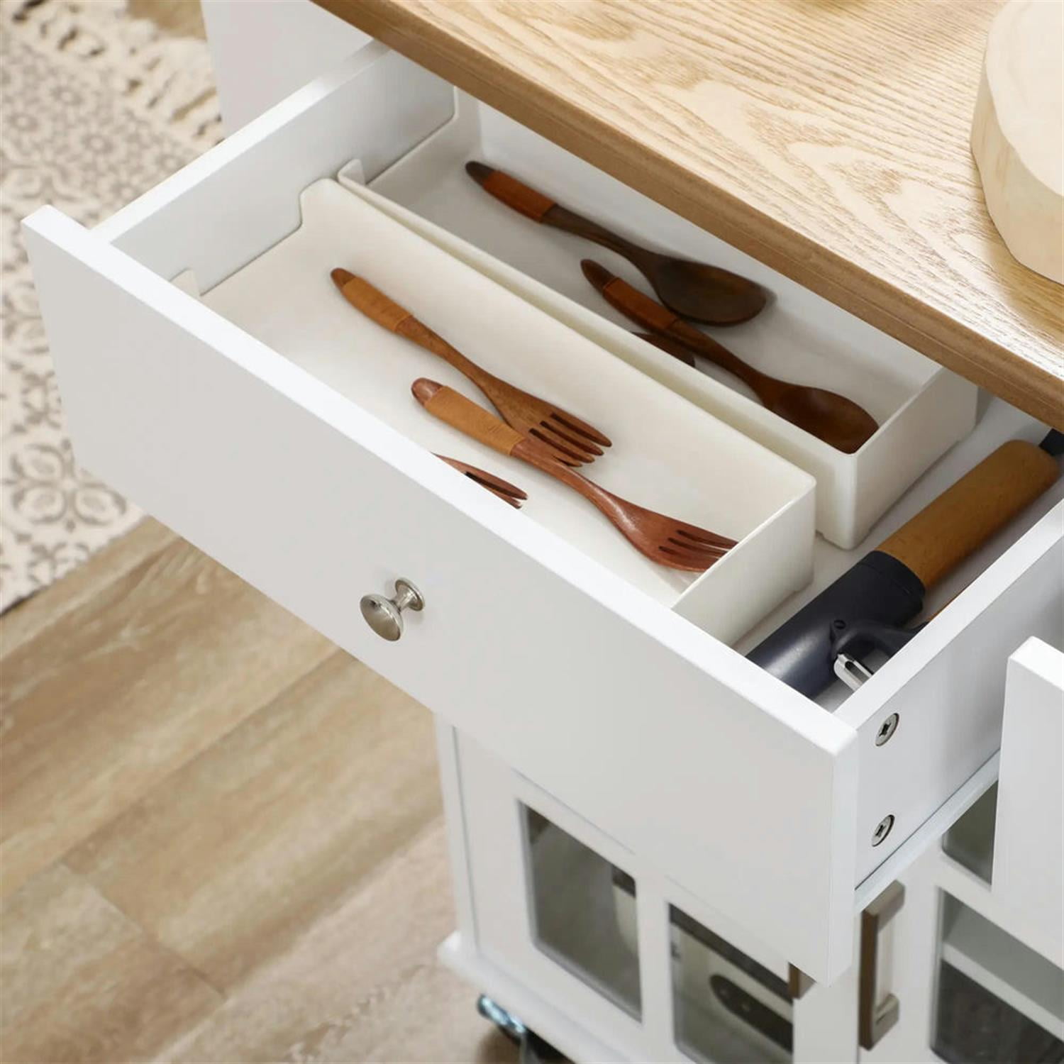 Demi Bonn 38" Kitchen Island Cart on Wheels with Storage, Rolling Dining Room Serving Utility Carts Mobile Movable with Wood Top and Drawer for Dining Room, White