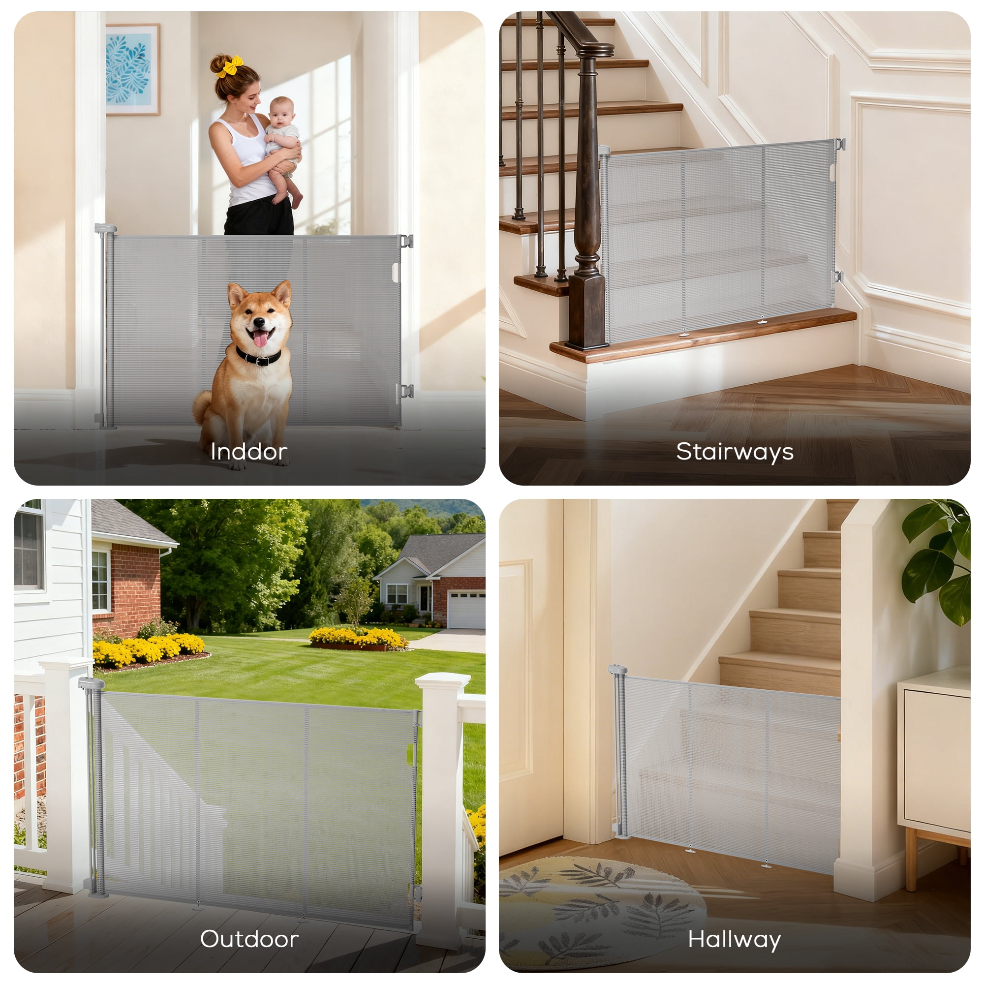 2X Retractable Baby Gate, TULILLO 42in Tall Baby Safety Gate, 120" Wide Baby Gate Dog Gate for Stair, Doorway, Auto-Lock,Gray