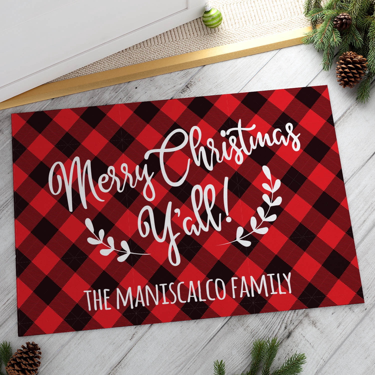 Personalized Planet 27x18 Marry Christmas Ya'll Holiday Doormat with Custom Family Name Printed on Red and Black Plaid Rectangular 1/8” Thick Non Slip Mat for Kitchen Hallway Deck or Porch