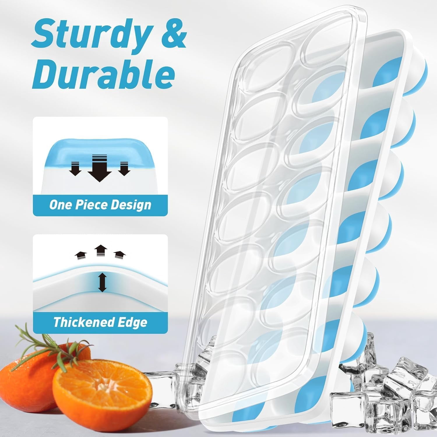 Ice Cube Tray with Lid and Bin,4 Packs 56 Cubes Silicone Plastic Ice Cube Trays for Freezer, Stackable Ice Tray with Container, Ice Scoop, Coffee and Cocktails Blue