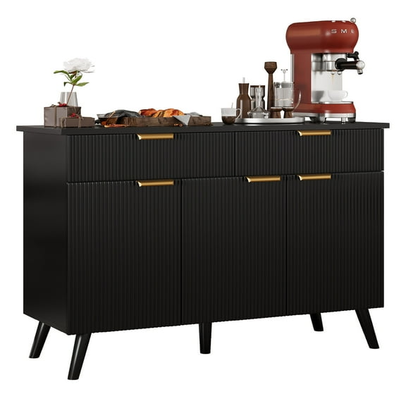 Kitchen Buffet Cabinet with 3 Doors and 2 Drawers, Fluted Sideboard Storage Cabinet Coffee Bar Console Table for Living Room Entryway, Black