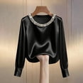 thumbnail image 5 of ManxiVoo Women Pearl Detail Satin Top Long Sleeve Crew Neck Blouse Elegant Fall Work Shirt Luxe Feel Blouse XL Size Black, 5 of 6