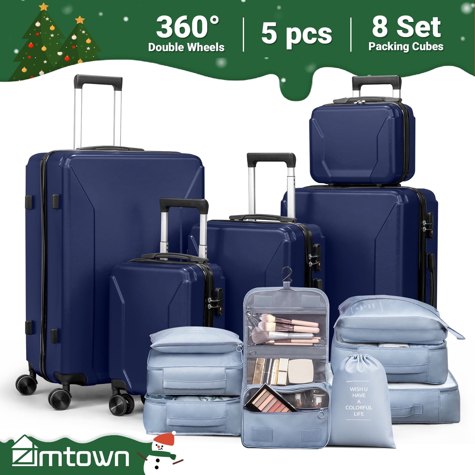 Zimtown 5-Piece Luggage Set with 8 Packing Cubes, Hard Shell Suitcase Set with Spinner Wheels Built-in TSA Lock, Dark Blue