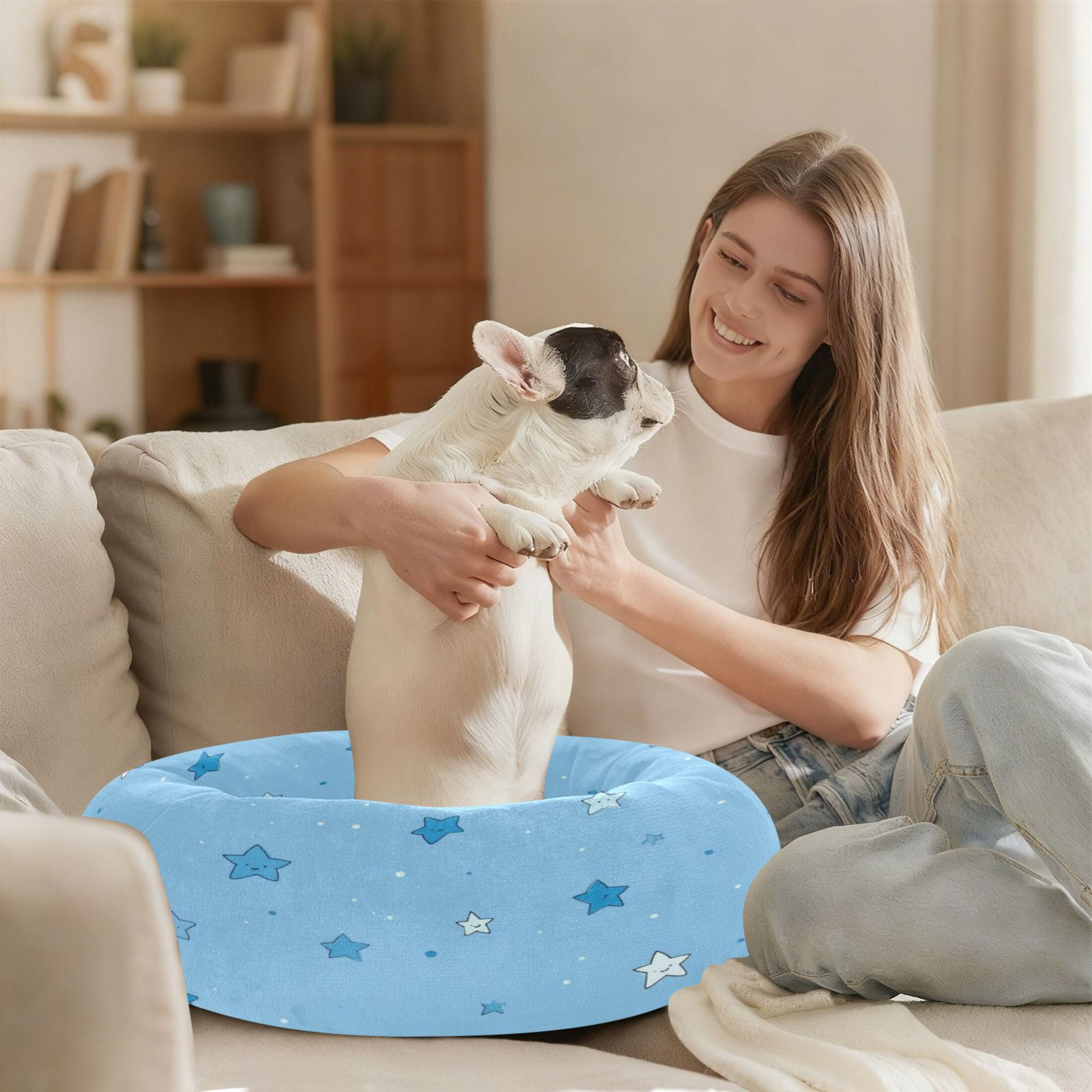 Iauyy Pet Couch Donut Cat Bed for Indoor Cats/Small Dogs Washable & Machine with Non-slip Bottom Calming Cat Furniture, Light Blue Background (M)