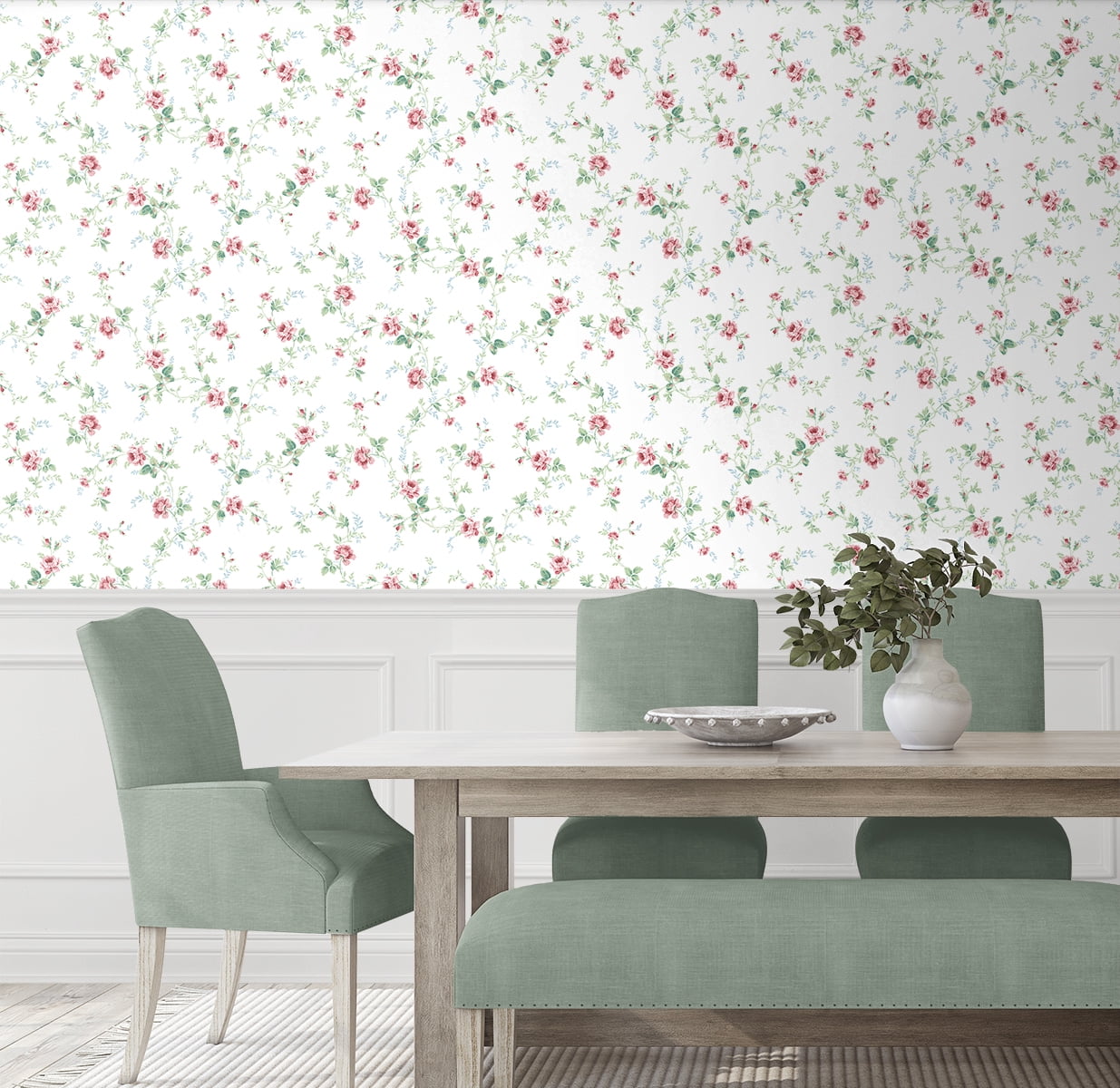 NextWall Blush & Spearmint Blossom Floral Trail Peel and Stick Wallpaper
