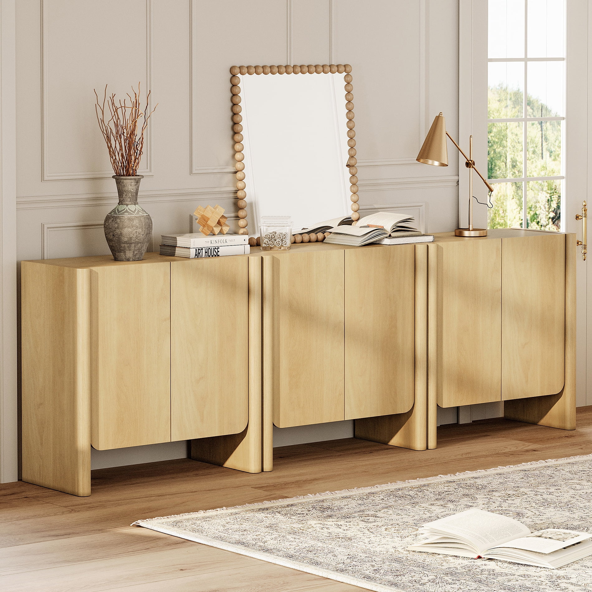 94.5-Inch 3-in-1 French Minimalist TV Stand for 105" TVs, 6-Door Media Console with Adjustable Shelves, Cable Management, Oak