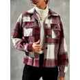 thumbnail image 2 of IROINNID Women's Short Shacket Jacket Plaid Long Sleeve Plaid Single Breasted Plaid Coat Short Coat Hoodless Casual Outwear, Wine, 2 of 5