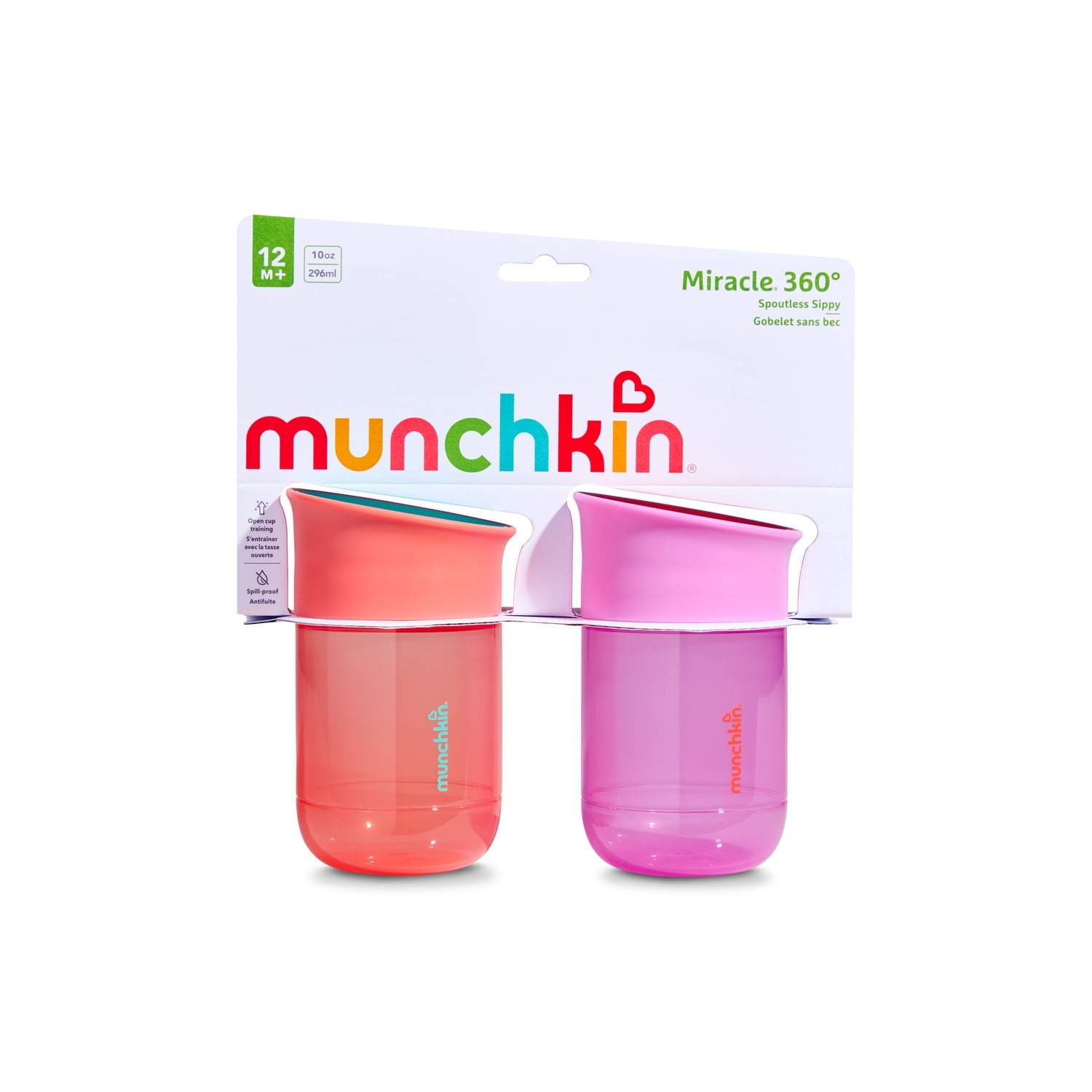 Munchkin Miracle 360 Spill-Proof Sippy Cup, Medium Flow, 10 oz, Coral/Purple, 2 Pack