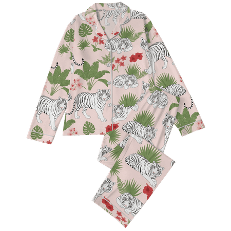 Lotusprinthandmade Floral Tiger All-over Print Satin Pajamas Set (XL) - Animal Lover Set