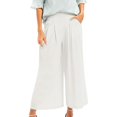 thumbnail image 3 of Trajes de pantalón elegantes para mujer Culottes de algodón y lino, pantalones palazzo de pierna ancha, pantalones capri de cintura elástica con bolsillos, pantalón de pierna ancha (azul marino, M), 3 of 5