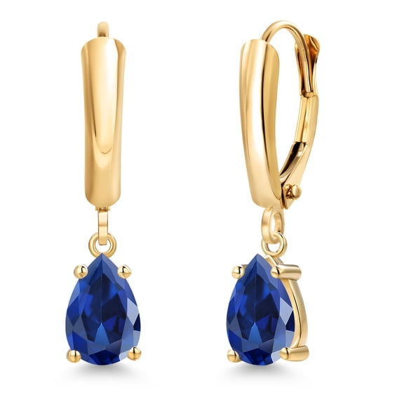 Gem Stone King 14K Yellow Gold Blue Created Sapphire Dangle Earrings for Women | 2.00 Cttw | Gemstone September Birthstone | Pear Shape 7X5MM