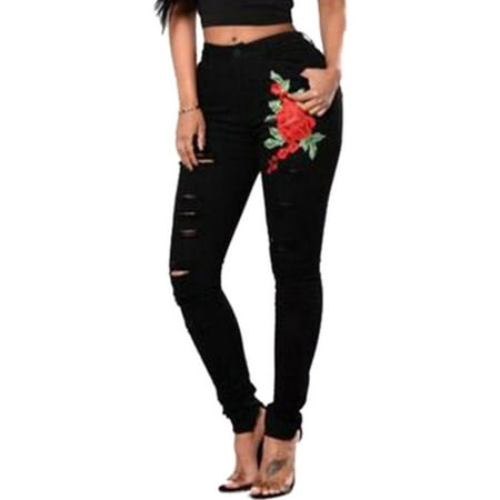Silver Jeans Embroidered Jeans - Womens High Waisted Jeans Floral Embroidered Ripped Skinny Slim Trousers Pants