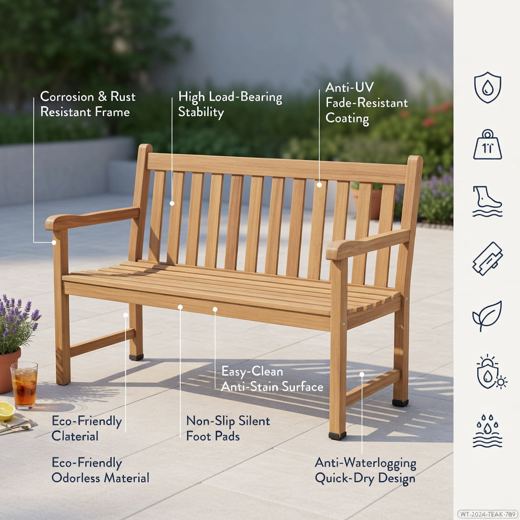 Hommoo Teak Wood Outdoor Patio Bench, 3-Seat Garden Bench with Armrests, Ergonomic Backrest & Heavy-Duty Support for Porch, Balcony & Backyard, Natural