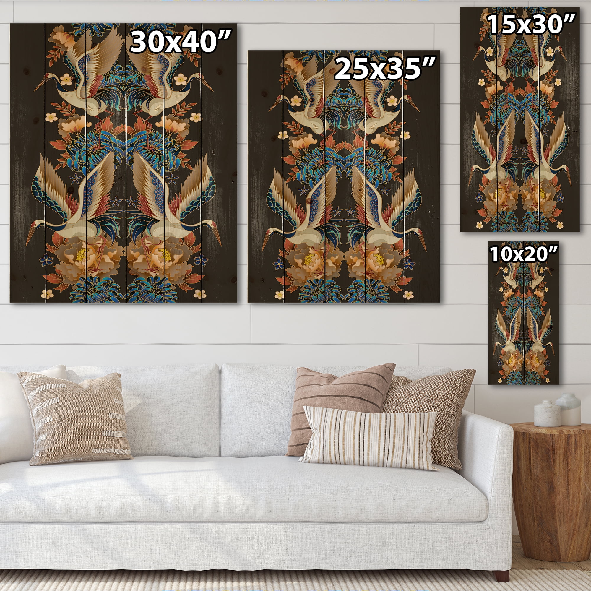 Designart 'Chinoiserie With Peonies and Birds IX' Traditional Print on Natural Pine Wood