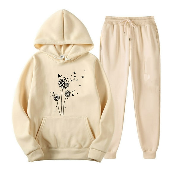 successthop 2 Piece Lounge Set Women Fleece Long Sleeve Hoodie with Pocket and Joggers Floral Fall Drawstring Outfits