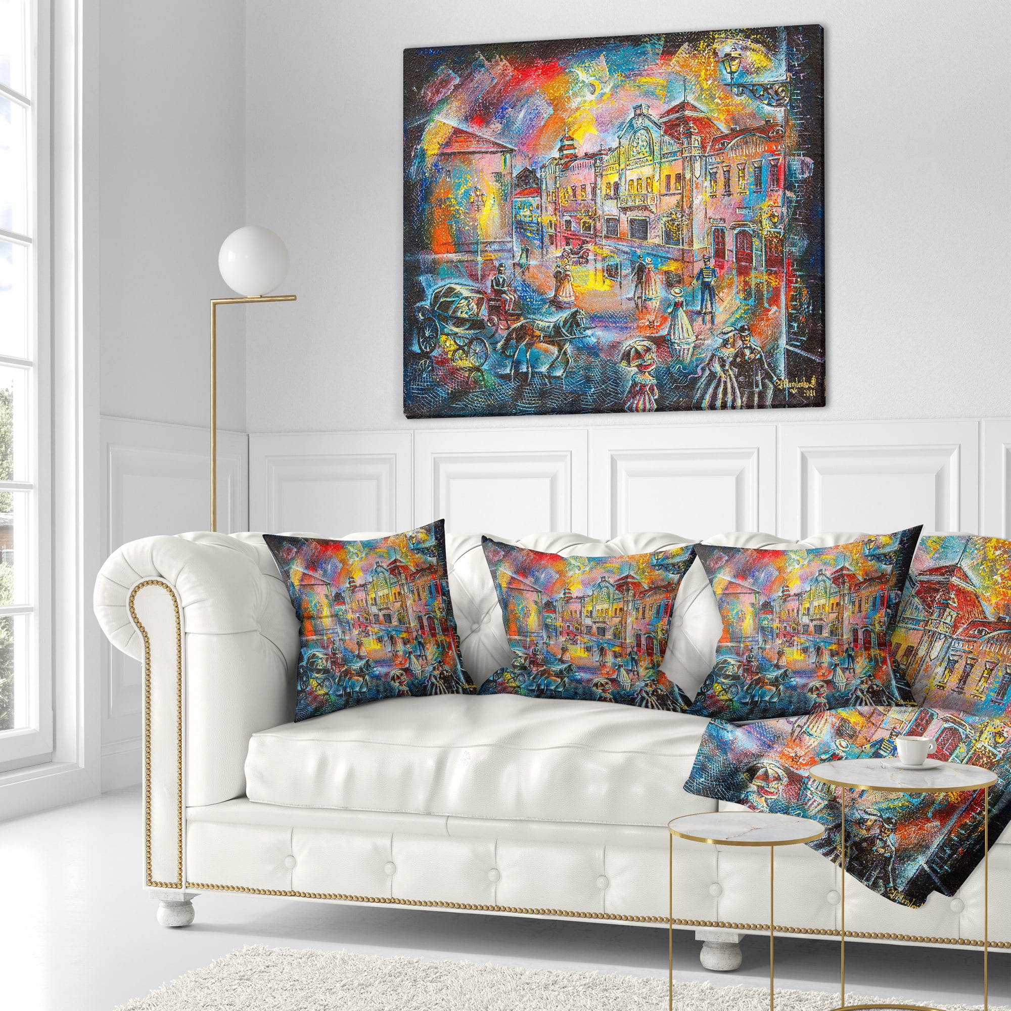 Designart Night City with People - Cityscape Throw Pillow - 18x18