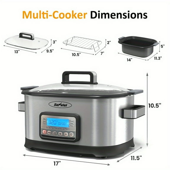 11-in-1 Multi Slow Cooker Roaster Oven, 6.5QT Sliver Digital Programmable Slow Cooker with Rack, Large Removable Nonstick Crock, Glass Lid, Multicooker with Timer Temp Control, Delay Start