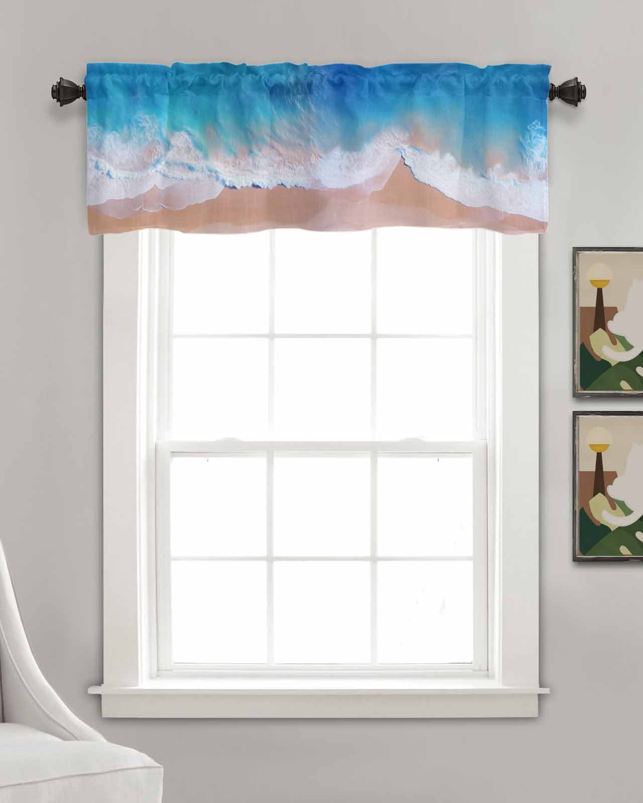 Blue White Ocean Wave Linen Curtain Valance for Bedroom/Bathroom/Kitchen/Office/Living/Dining Room Windows,Summer Sandy Beach Coastal Nautical Pocket Topper Drapes Decorative Cafe Drapery Panel 54x18