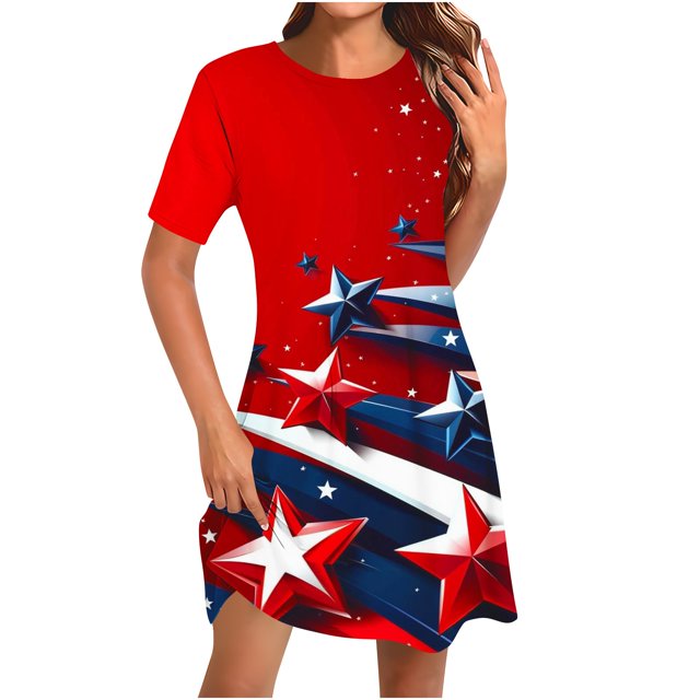 Womens Fashion Round-Neck Short Sleeved Printed Pullover Dress