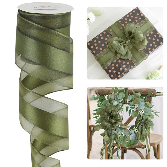Cinta decorativa HUIHUANG, verde musgo, 6,35 cm x 9,1 m, con cable