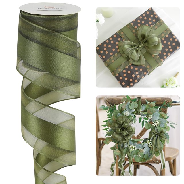 Cinta decorativa HUIHUANG, verde musgo, 6,35 cm x 9,1 m, con cable