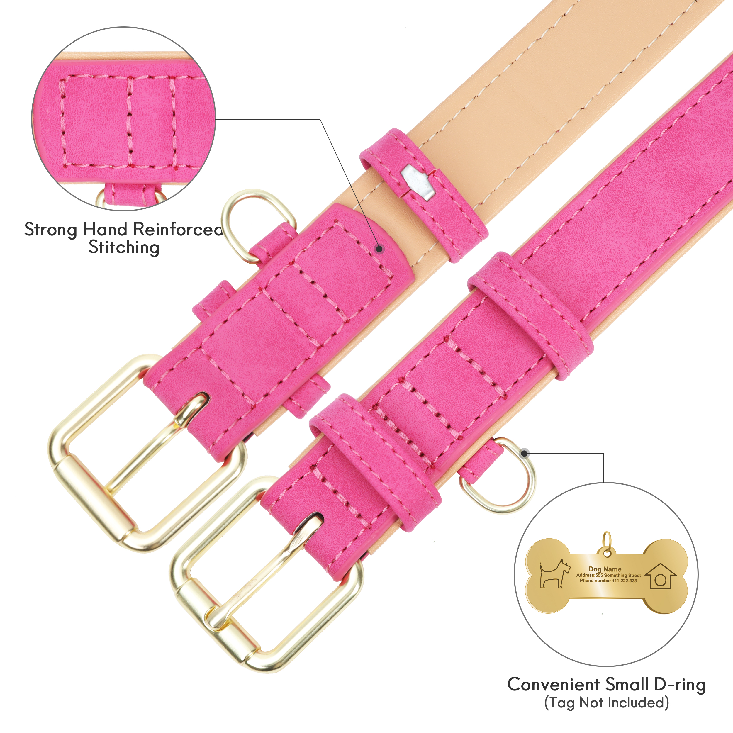 Jumpress Leather Dog Collar for Medium Dogs, Hot Pink photo 6