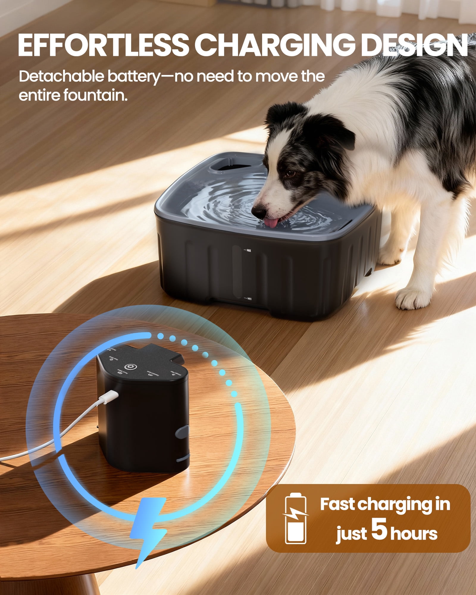 FURCLAN Pet Water Fountain Wireless Dog Water Fountain Dispenser with 4 Flow Modes and Replacement Filter 2.2Gal 8L Extra Large Capacity Cat Water Fountain for Cats and Dogs Black