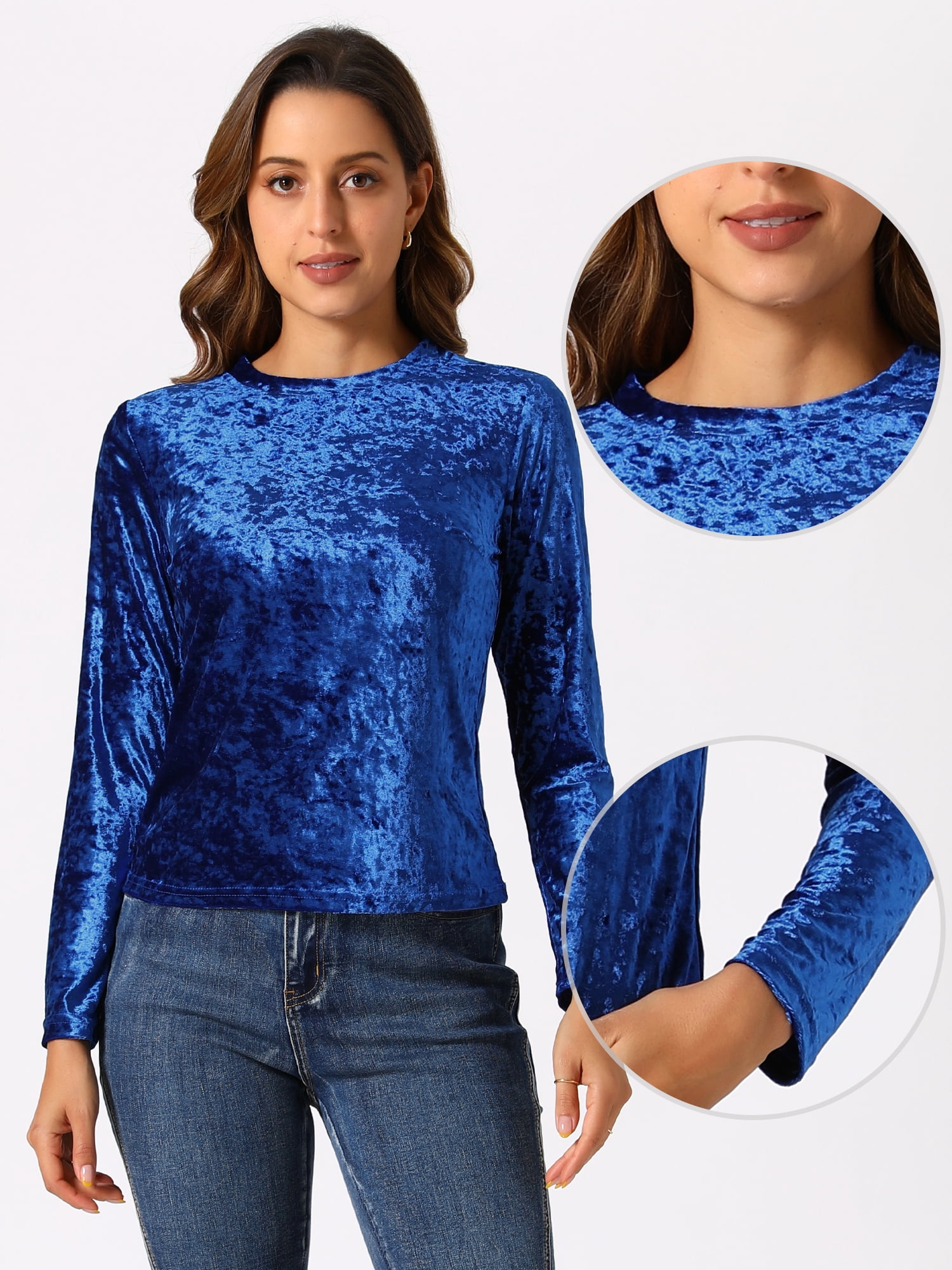 DARING DIVA Velvet Tops Round Neck Casual T-Shirt S Royal Blue