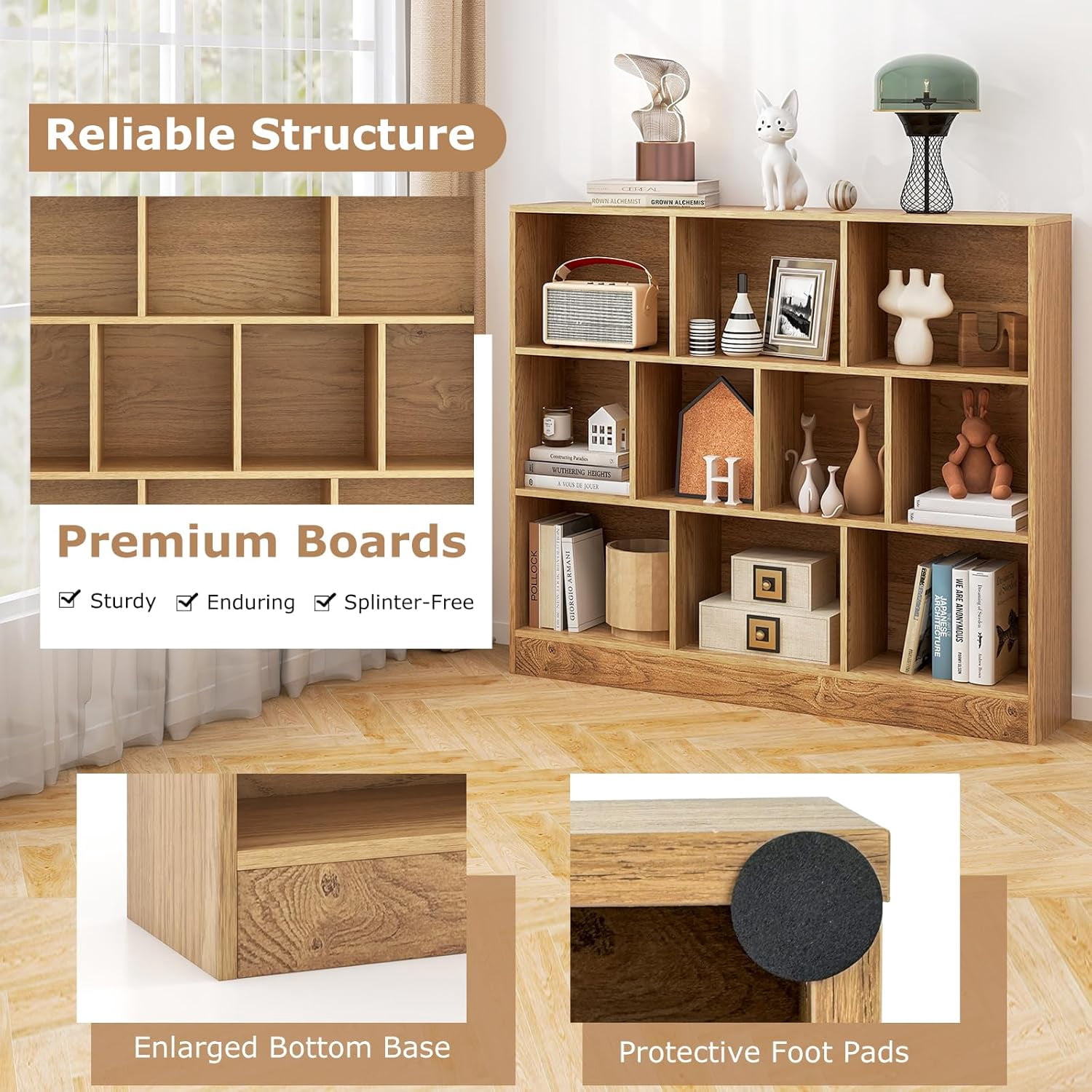 HJTER 10-Cube Bookshelf, 47.5”L Floor Bookcase with 2 Anti-Tipping Kits, Freestanding Storage Organizer, 4-Tier Display Shelf for Home, Office & Dorms (Natural, 10-Cube)