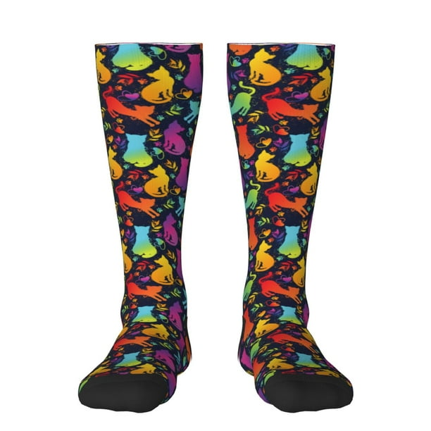 Fotbe Colorful Cats Calcetas Divertidas Estampadas para Hombre y Mujer, Calcetas de Algodón hasta la Rodilla para Caminar, Correr, Enfermería y Embarazo