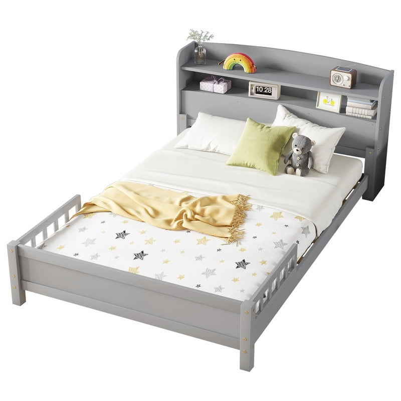 Full Size Bed Frame with Storage , Wood Full Bed with LED Lights and Storage Headboard, Full Size Platform Bed with Slats Support ,No Box Spring Needed, Grey