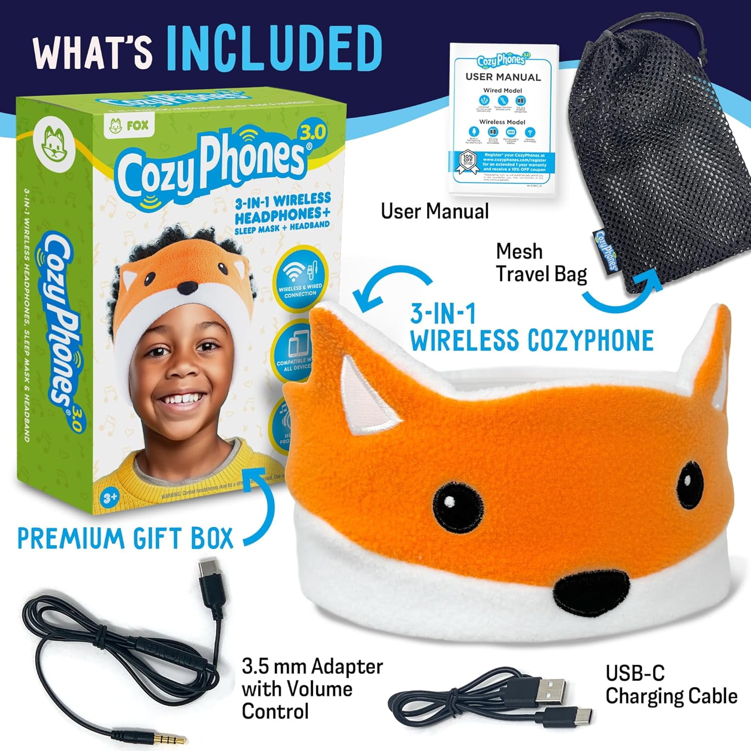 CozyPhones 3.0 Kids Headphones Wireless & Wired with Volume Limiting, Perfect Toddler Earphones - Includes Wired Option & Travel Bag. Great for Girl or Boy, School, Home and Travel - Fox