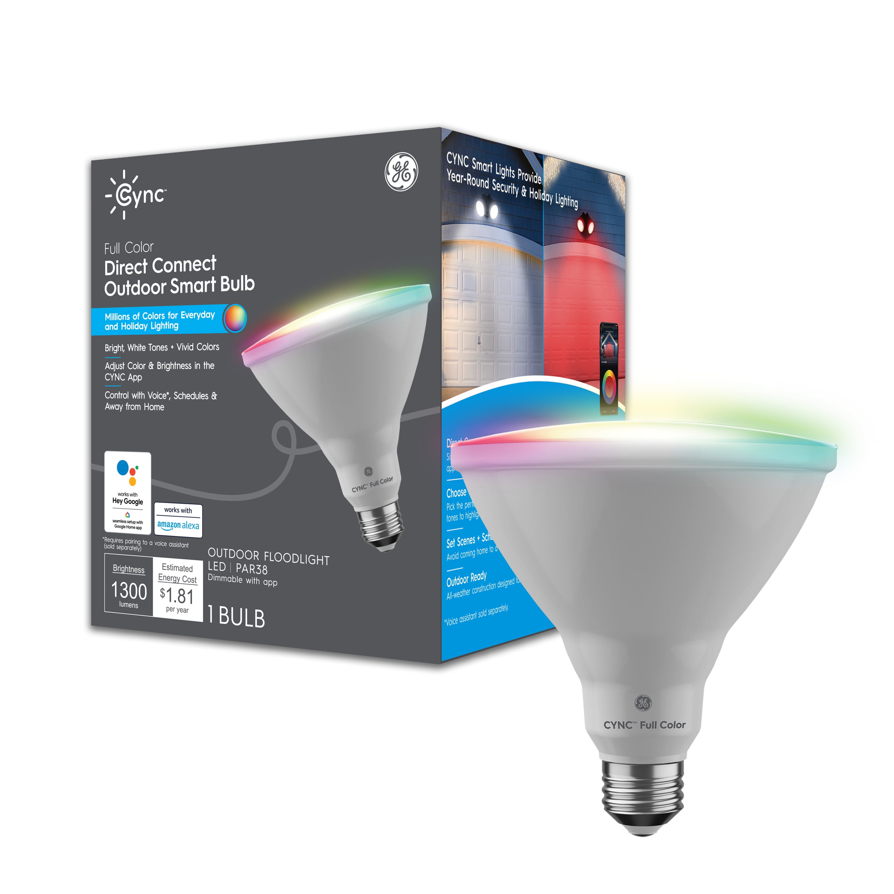 GE CYNC Smart Outdoor PAR38 Floodlight Bulb, Full Color, Bluetooth and Wi-Fi Enabled, 15 Watts