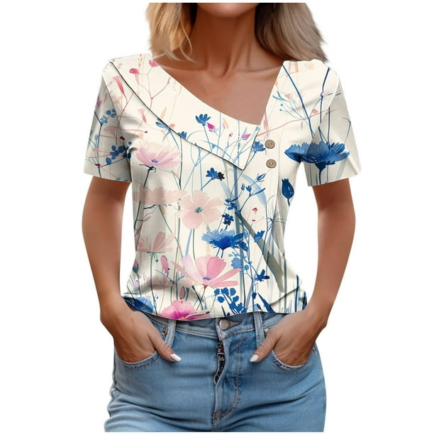 Top de Verano Mujeres Cuello en V Casual Manga Corta Primavera Y Top de Verano, Tops Cortos para Mujeres