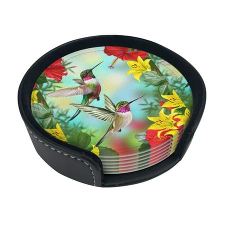 

Round Pu Leather Coaster Spring Hummingbirds Flowers Birds Leaves Heat - Resistant Beverage Cup Mat-Fancy Decor For Kitchen Office Dining Room Table - Drink Protector 6-Slice