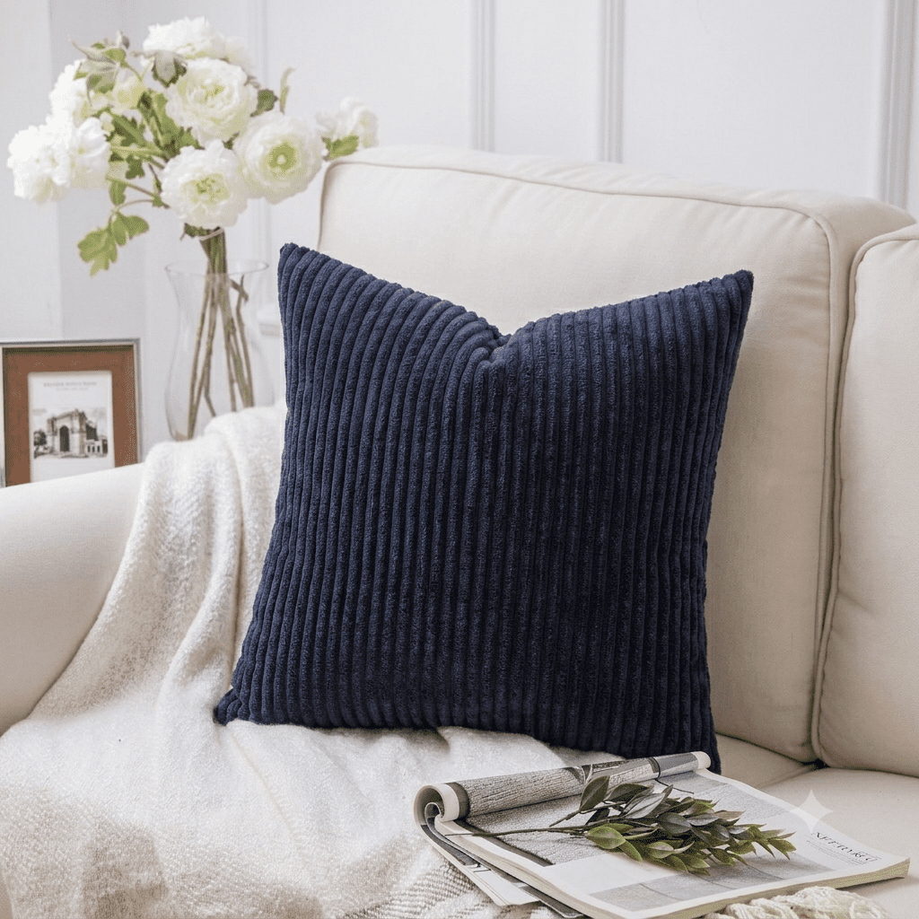 Phantoscope Soft Corduroy Striped Velvet 18" x 18" Navy Blue Decorative Throw Pillow, 1 Pack