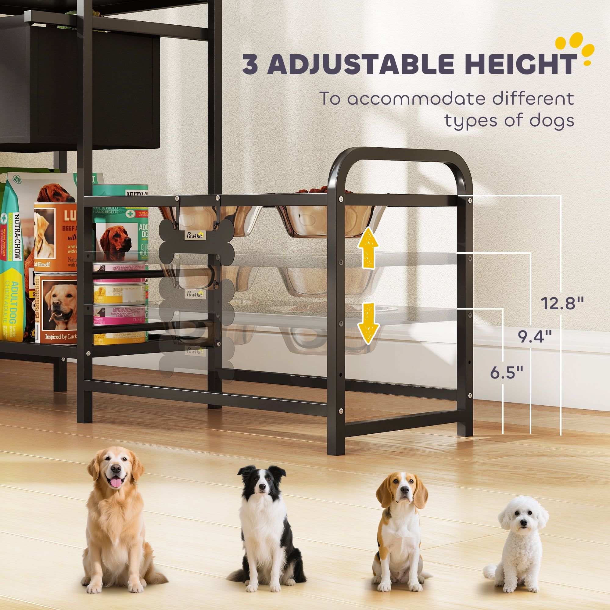 Dog Bowl Stand with 2 Feeding Stations, 3 Height Adjustable Elevated Dog Bowls with Toy Bin Basket, Lifted Food and Water Bowl, Black